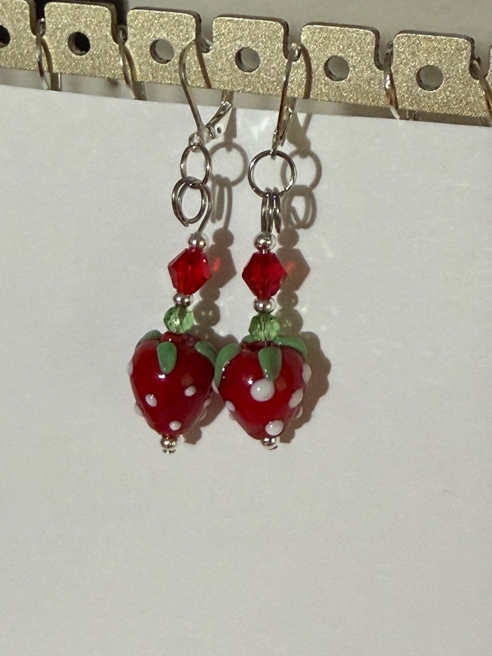 Red Strawberry Glass Drop Earrings with Green Accents - Handmade Style